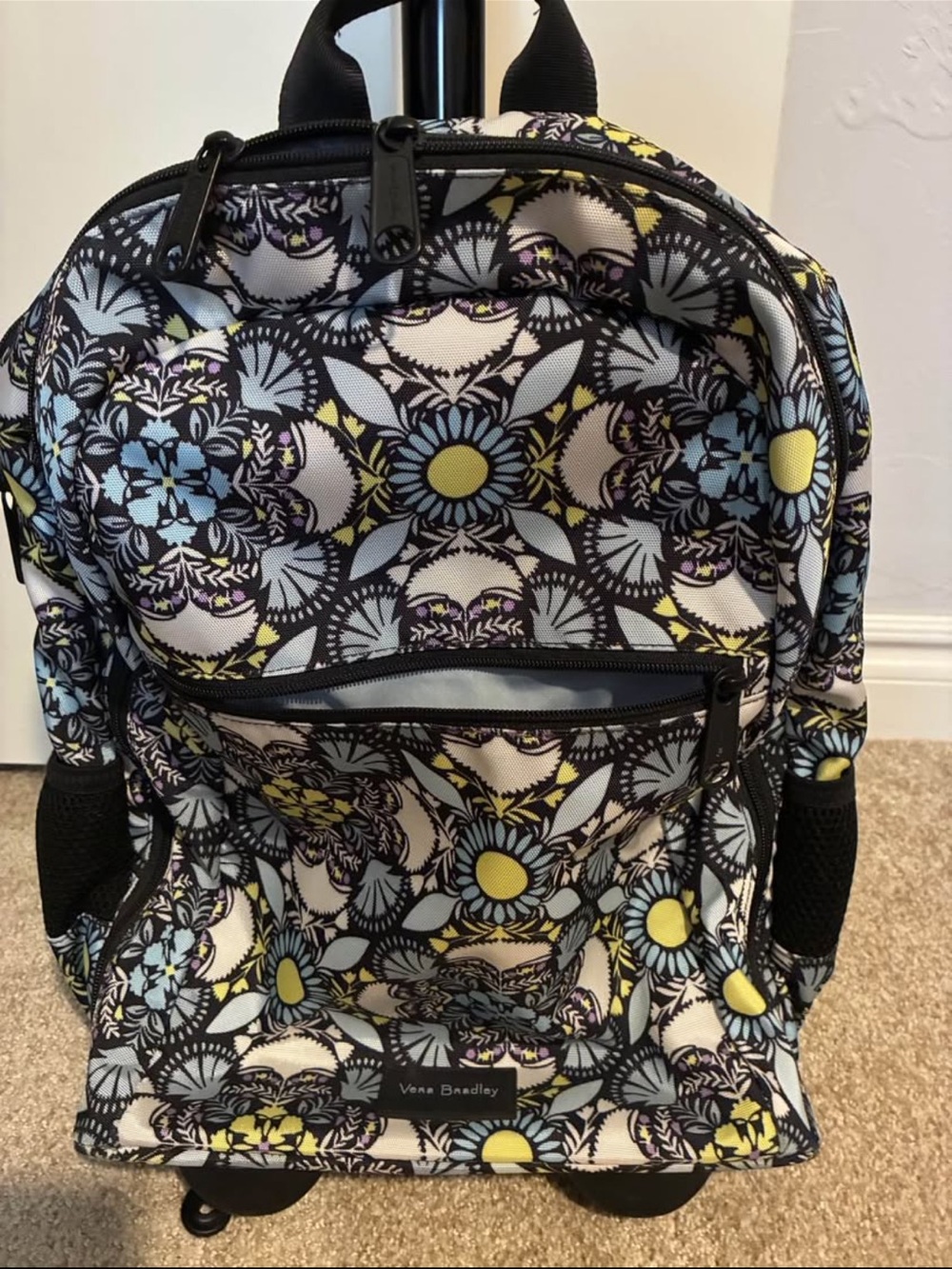 Rolling Vera Bradley Black, Yellow & Light Blue Floral Backpack